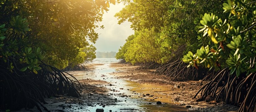 bridge mangrove forest nature trees sea low tide shrimp shellfish fish. with copy space image. Place for adding text or design