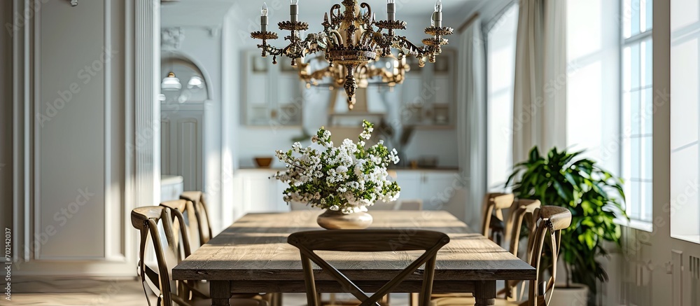 Poster a bright dining room detail shot with a gold chandelier hanging above a wooden table and chairs. wit