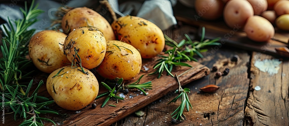 Poster bowl of rustic fried and roasted potatoes with rosemary. with copy space image. Place for adding text or design
