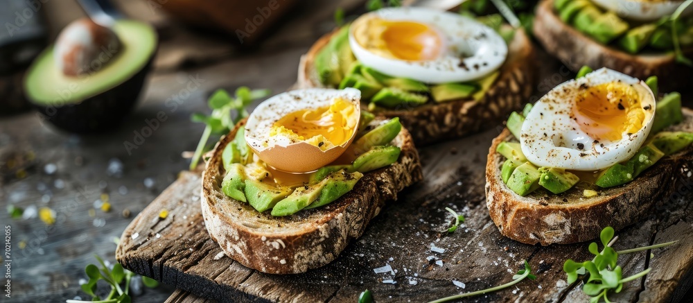 Poster a breakfast avocado sandwich with boiled egg. with copy space image. Place for adding text or design