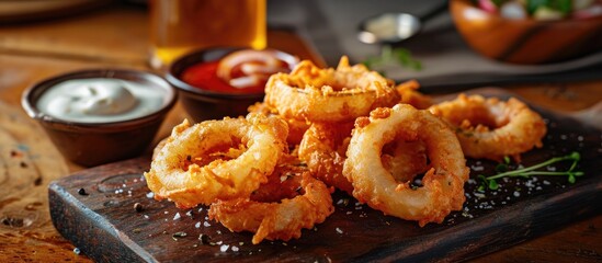 Freshly prepared homemade beer battered onion rings in a basket with drinks and sauces in the back Selective Focus Focus on the front of the onion ring on the top. with copy space image