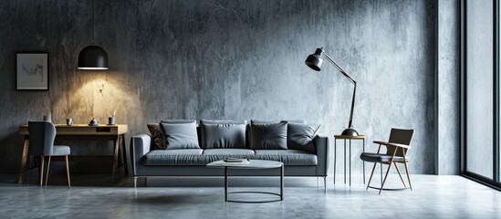 Grey living room in minimalist style with sofa small table two chairs desk and floor lamp. with copy space image. Place for adding text or design