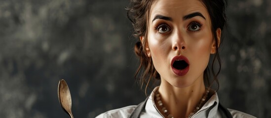 Brunette woman wearing professional cook apron holding wooden spoon in shock face looking skeptical and sarcastic surprised with open mouth. with copy space image. Place for adding text or design - obrazy, fototapety, plakaty