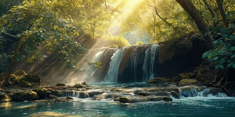 A mystical waterfall in a lush jungle, where cascading water transforms into radiant light. Generative AI.