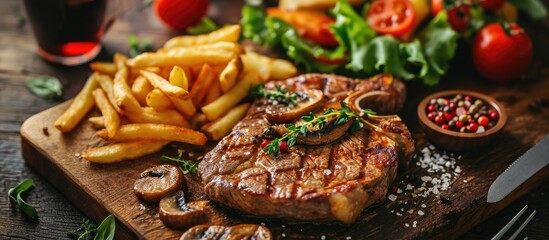 A grilled ribeye steak served with mushrooms chips french fries and a garden salad of lettuce cucumber baby carrot and capsicum. with copy space image. Place for adding text or design - obrazy, fototapety, plakaty