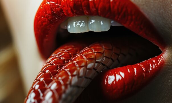 A woman's mouth with a snake wrapped around it. Generative AI.
