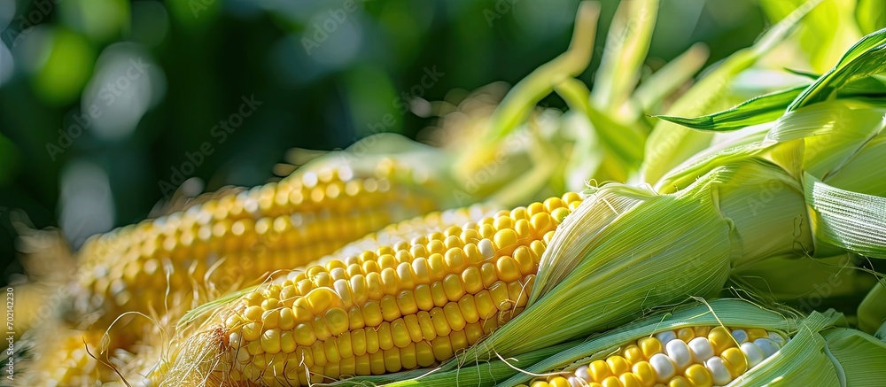 Aufkleber fresh corn on the stalk in a field yellow corn sweet corn. with copy space image. Place for adding text or design