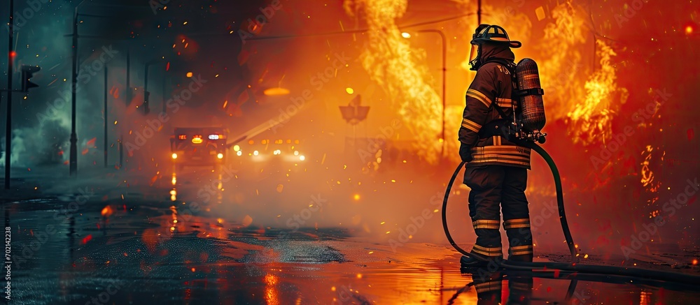 Poster amidst the billowing smoke the professional firefighter stands with unwavering resolve firmly grippi
