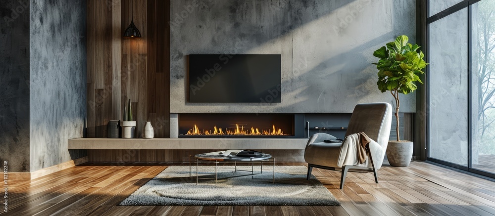 Poster contemporary open living room with fireplace armchair and television hanging on the wall. with copy 