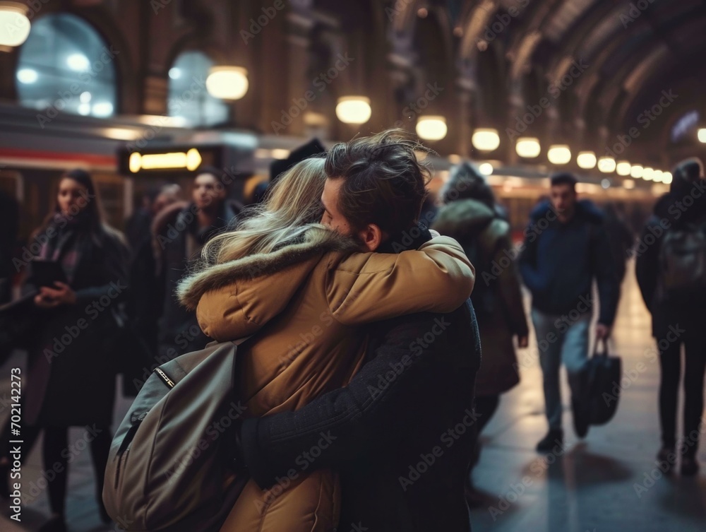 Poster a couple embraces in a bustling train station, surrounded by commuters and illuminated architecture.