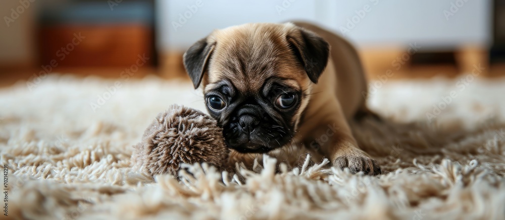 Leinwandbilder a pug puppy plays with a bright blue soft toy made of faux fur on a light carpet. with copy space im