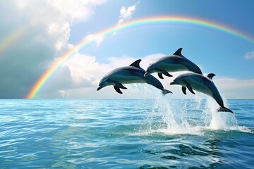 A group of playful dolphins leap joyfully over a vibrant rainbow in the sparkling ocean. Generative AI.