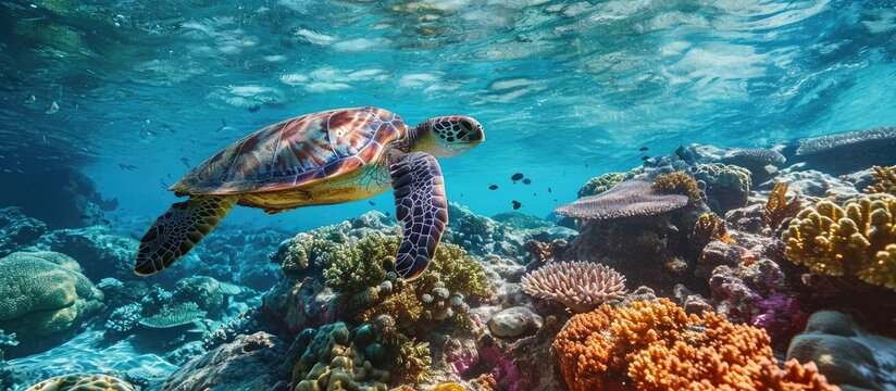 Grumpy Turtle swims over coral reef through clear blue water on the Ningaloo Reef Western Australia. with copy space image. Place for adding text or design