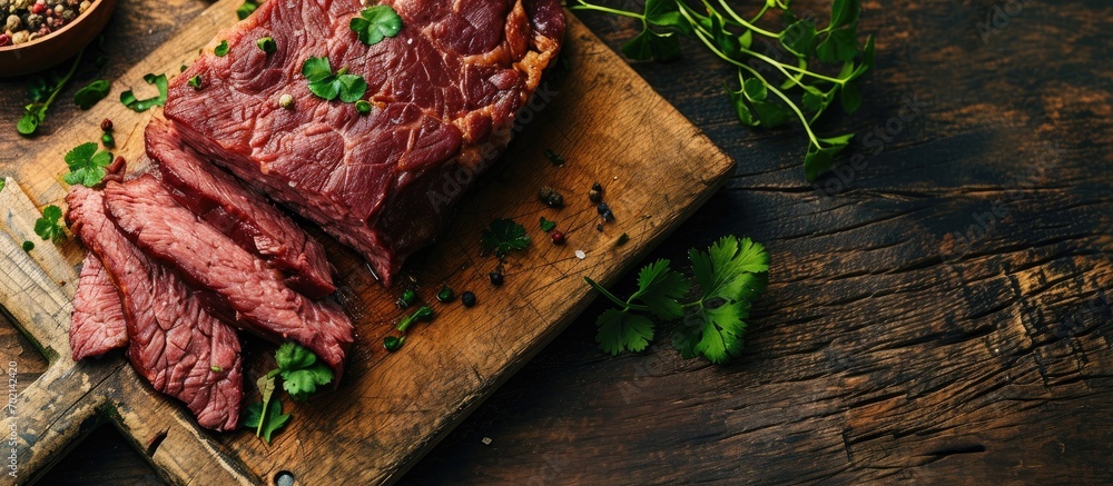 Poster Corned beef cooked and sliced on a cutting board irish recipe idea for St Patricks day. with copy space image. Place for adding text or design