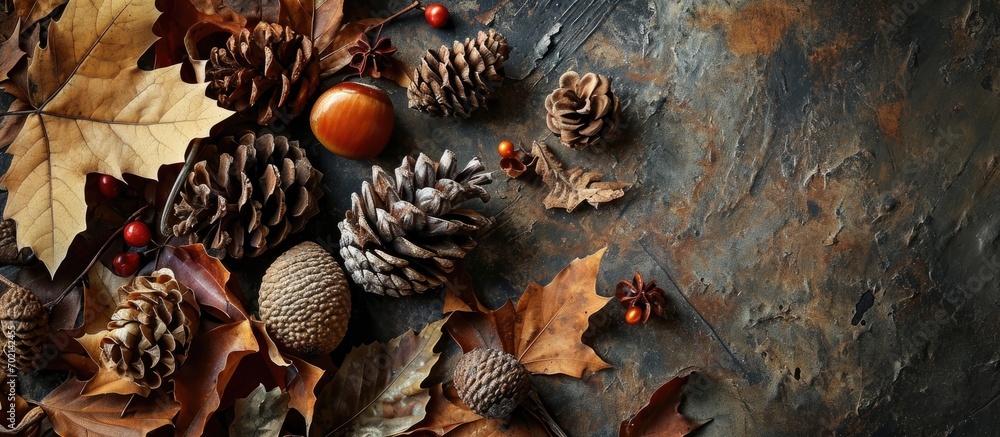 Poster copy space vintage style decorating with acorn pine cone and dried leaves the autumn season concept. with copy space image. Place for adding text or design