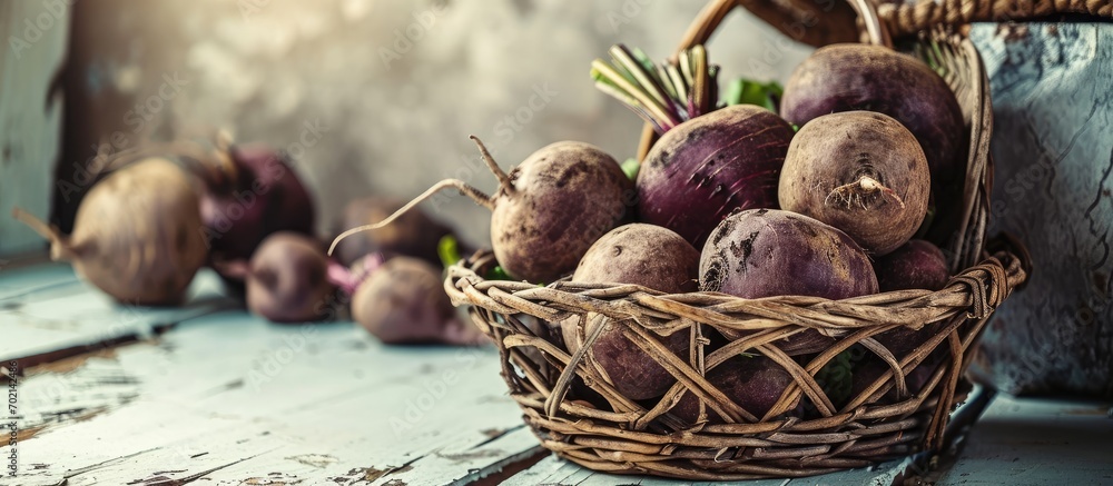 Poster basket with fresh sugar beets on white wooden table closeup. with copy space image. place for adding