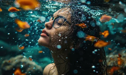 Fotobehang A woman with glasses swimming underwater surrounded by goldfish. Generative AI. © serg3d