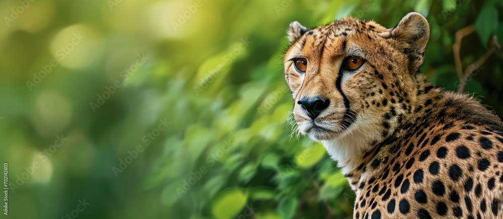Poster A cheetah standing alone in its natural habitat looking back green background copy space for text. with copy space image. Place for adding text or design