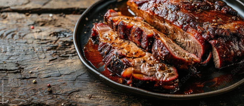 Poster closeup view of roasted beef brisket flat steak on a plate. with copy space image. place for adding 