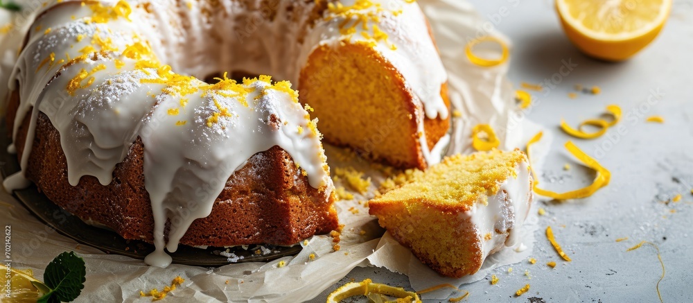 Fototapete Classic lemon pound cake with powdered sugar glaze sliced on parchment paper topped with lemon zest. with copy space image. Place for adding text or design