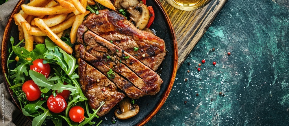 Poster a grilled ribeye steak served with mushrooms chips french fries and a garden salad of lettuce cucumb