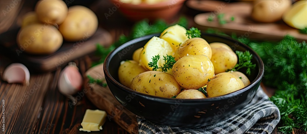 Aufkleber Boiled hot potatoes with steaming in a black bowl and butter served on wooden table ready to eat. with copy space image. Place for adding text or design