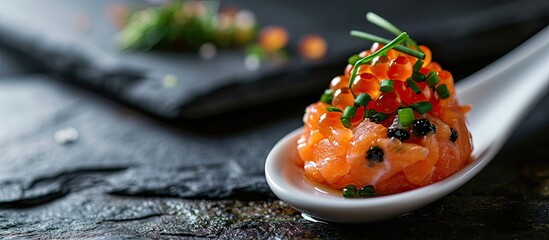 A close up on a taste of gourmet salmon tartare for catering with chives and caviar decorating on an elegant white spoon and presented on a black slate. with copy space image - obrazy, fototapety, plakaty