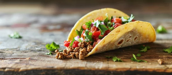 Fotobehang delicious trompo al pastor shepherd s style Mexican taco with salsa taco al pastor. with copy space image. Place for adding text or design © vxnaghiyev