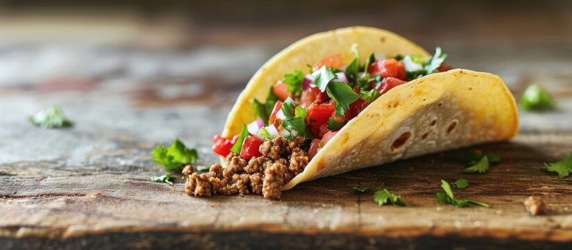 delicious trompo al pastor shepherd s style Mexican taco with salsa taco al pastor. with copy space image. Place for adding text or design