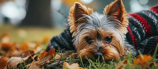 Funny Yorkshire Terrier domestic dog in fashionable stylish warm clothes outfit lying on soccer field synthetic green grass at sunny day Adorable cute puppy doggy chewing a stick playing on str - obrazy, fototapety, plakaty