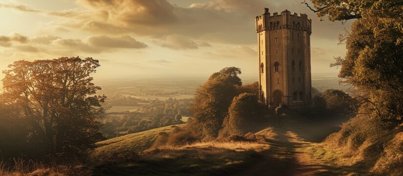 Broadway Tower is a folly on Broadway Hill near Broadway village in the English county of Worcestershire. with copy space image. Place for adding text or design