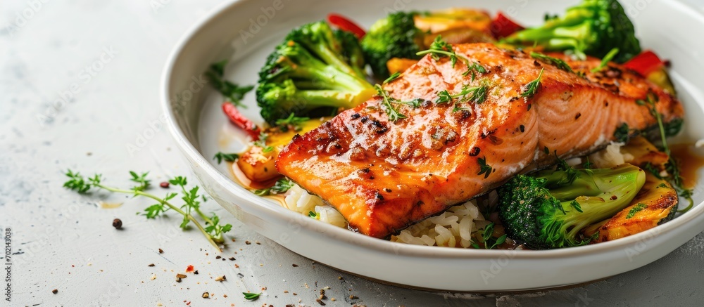 Aufkleber close up of broiled salmon chunks with steamed broccoli florets in white bowl on white wood table landscape view. with copy space image. Place for adding text or design