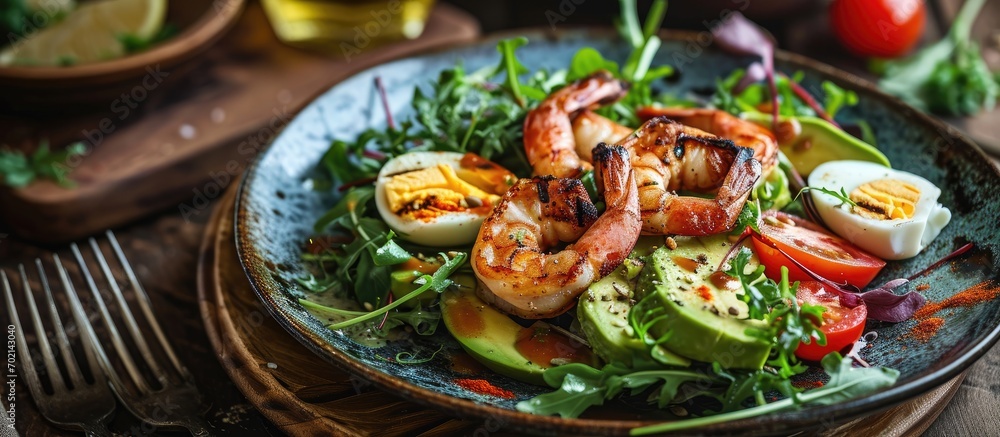 Leinwandbilder grilled shrimp avocado and tomato salad topped with quail eggs. with copy space image. place for add