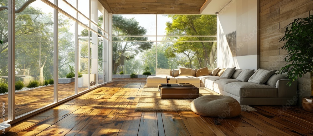 Poster a living room with wood flooring and sliding glass doors leading to the patio area in front of the h