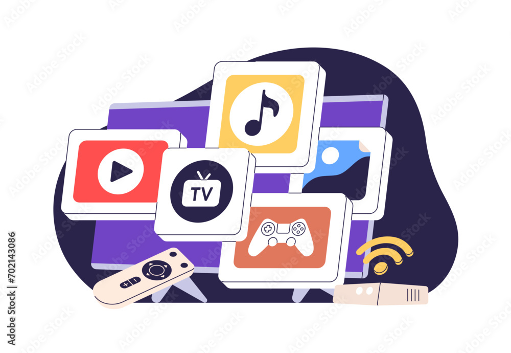 Poster smart tv concept. multimedia device, home gadget with streaming services apps. television applicatio