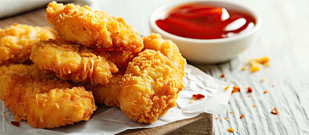 Poster Fried crispy chicken nuggets with ketchup on white board. with copy space image. Place for adding text or design