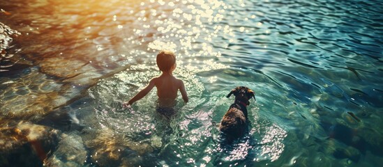 A child boy with a dog indulges in an inflatable pool of water on a hot sunny summer day The child laughs and smiles while splashing water on the dog The dog plays with the child by the pool - obrazy, fototapety, plakaty