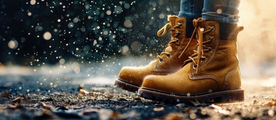 A woman applies the spray to brown nubuck women s winter boots Water repellent care for shoes renewal and preservation of color. with copy space image. Place for adding text or design - obrazy, fototapety, plakaty