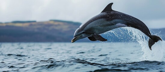 Obraz premium Common dolphin delphinius delphis leaping clear of the water during a whale watching tour from Tobermory on the Isle of Mull Inner Hebrides Scotland. with copy space image