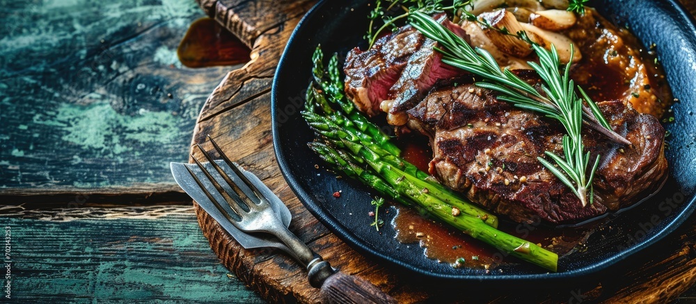 Poster A sprig of rosemary on a fresh roasted bone in ribeye steak with garlic gravy and asparagus. with copy space image. Place for adding text or design