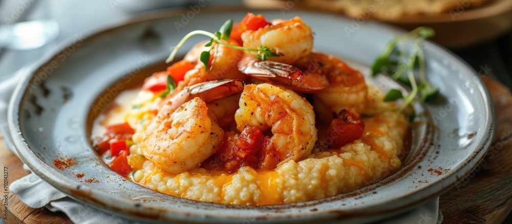 Aufkleber a pan of delicious fresh homemade cajun style shrimp and grits with cheddar biscuit. with copy space