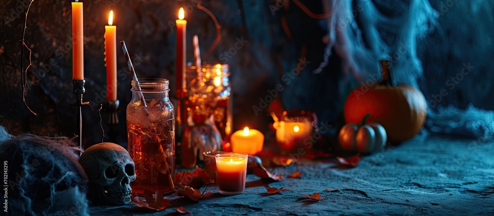 Poster Halloween table setting for drinks A glass jar with straws candles and a skull on a dark background Halloween decorations. with copy space image. Place for adding text or design