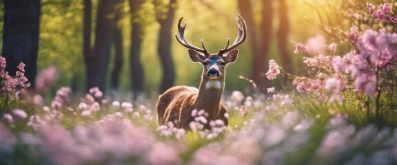 Deer in Grass on Summer Sunny Day, Banner with Copy Space