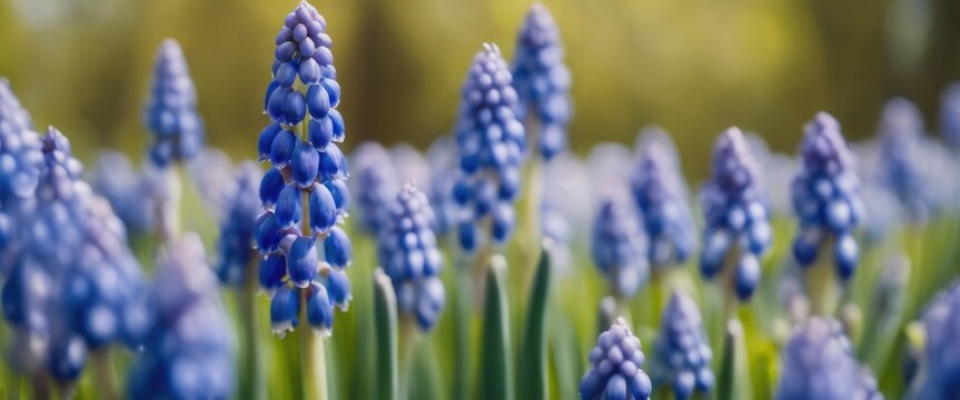 Beautiful blue Muscari flowers close up on spring meadow, floral abstract natural background. spring blossom season. Gentle colorful artistic nature image. template for design. banner