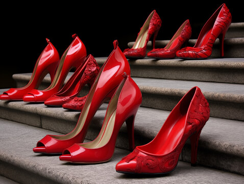 Scarpe rosse su scalinata. Contro la violenza alla donne. Ai generated.