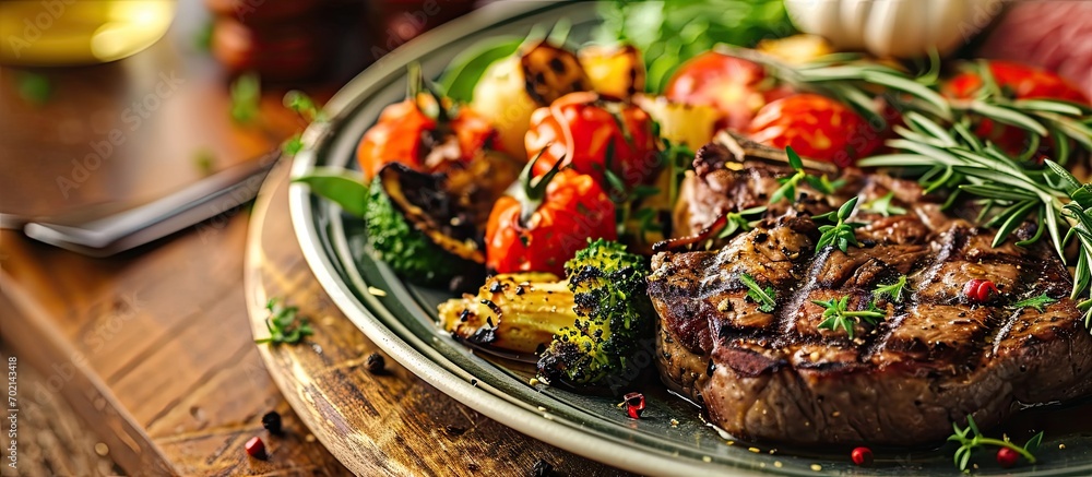 Poster beef steak with grilled vegetables served on white plate. with copy space image. place for adding te