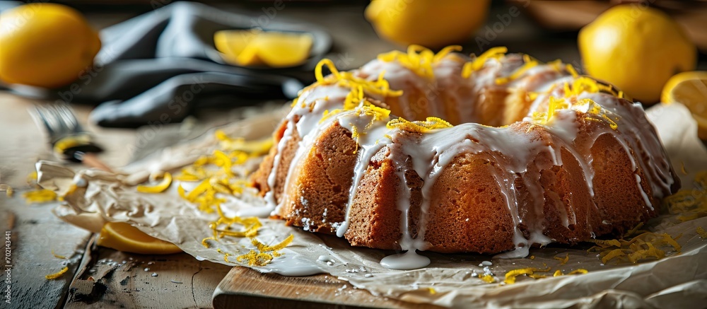 Fototapete Classic lemon pound cake with powdered sugar glaze sliced on parchment paper topped with lemon zest. with copy space image. Place for adding text or design