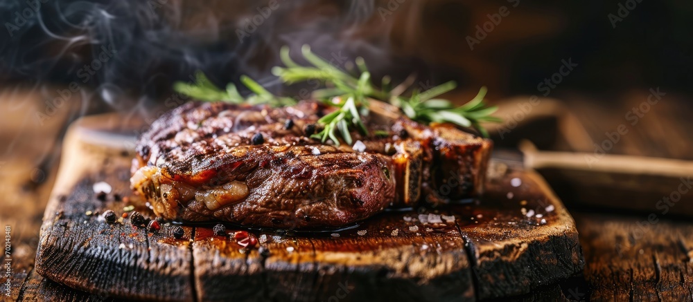Poster grilled ribeye beef steak served on wooden board with rosemary grilled garlic fork and knife on wood