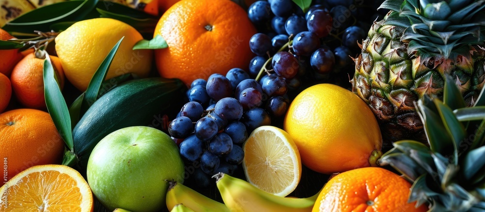 Poster fresh tropical fruits close up pineapple tangerines oranges lemons grapes apples bananas. with copy space image. Place for adding text or design