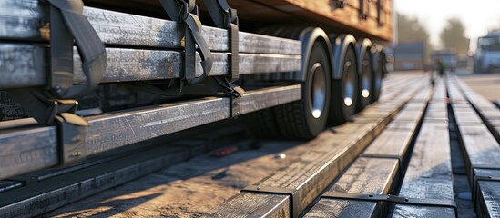 Engineer action to using ratchet tie down strapping round steel bar onto the truck. with copy space image. Place for adding text or design